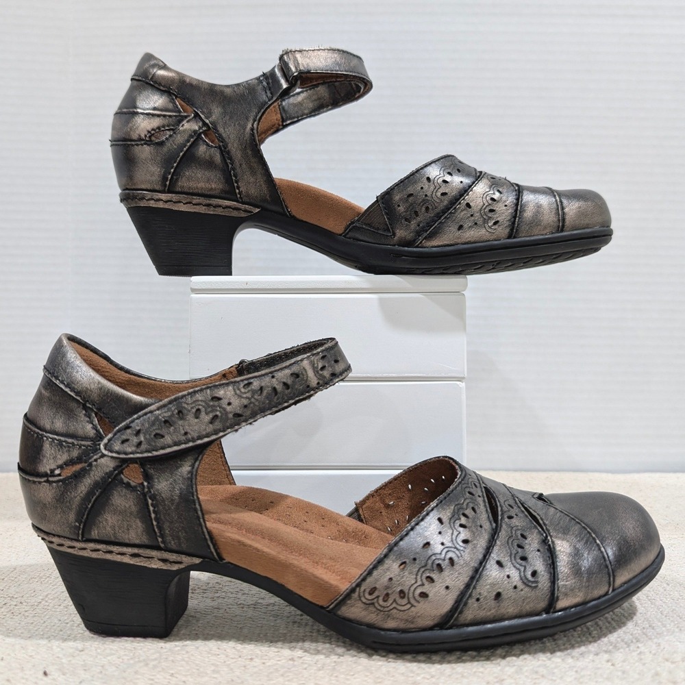 Rockport Metallic Pewter Bronze Leather Mary Jane Comfort Heels Velcro Strap 8.5 - Picture 5 of 12